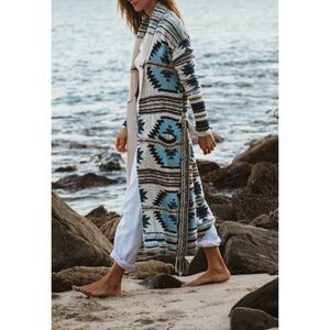 Faherty NWT Paloma Duster Cardigan Sweater Blue Aztec Southwestern Size Small